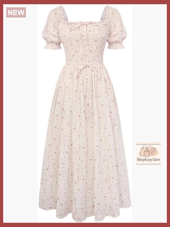 Dresses & Skirts - Floral Cotton Dress Cottagecore Square Neck Smocked Bodice Midi Dress